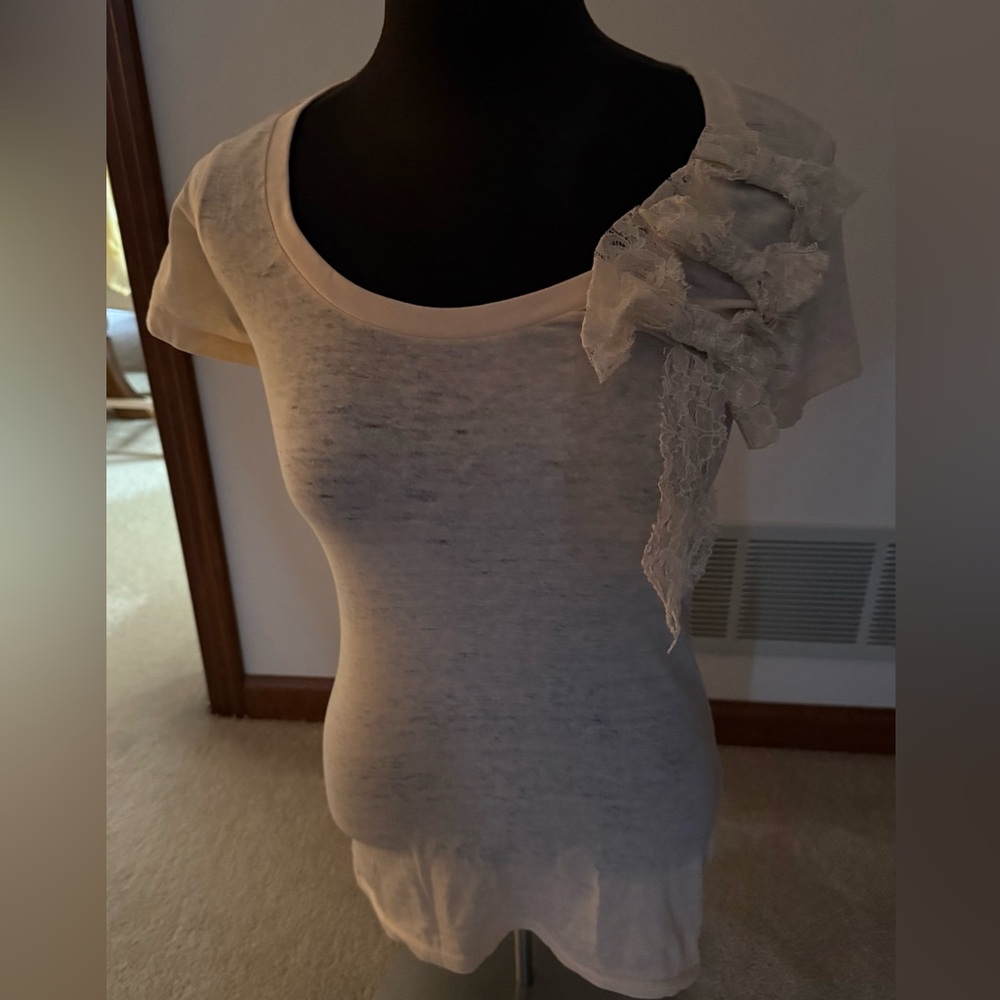 Threads for thought sustainable apparel tee shirt with beautiful lace bow detail